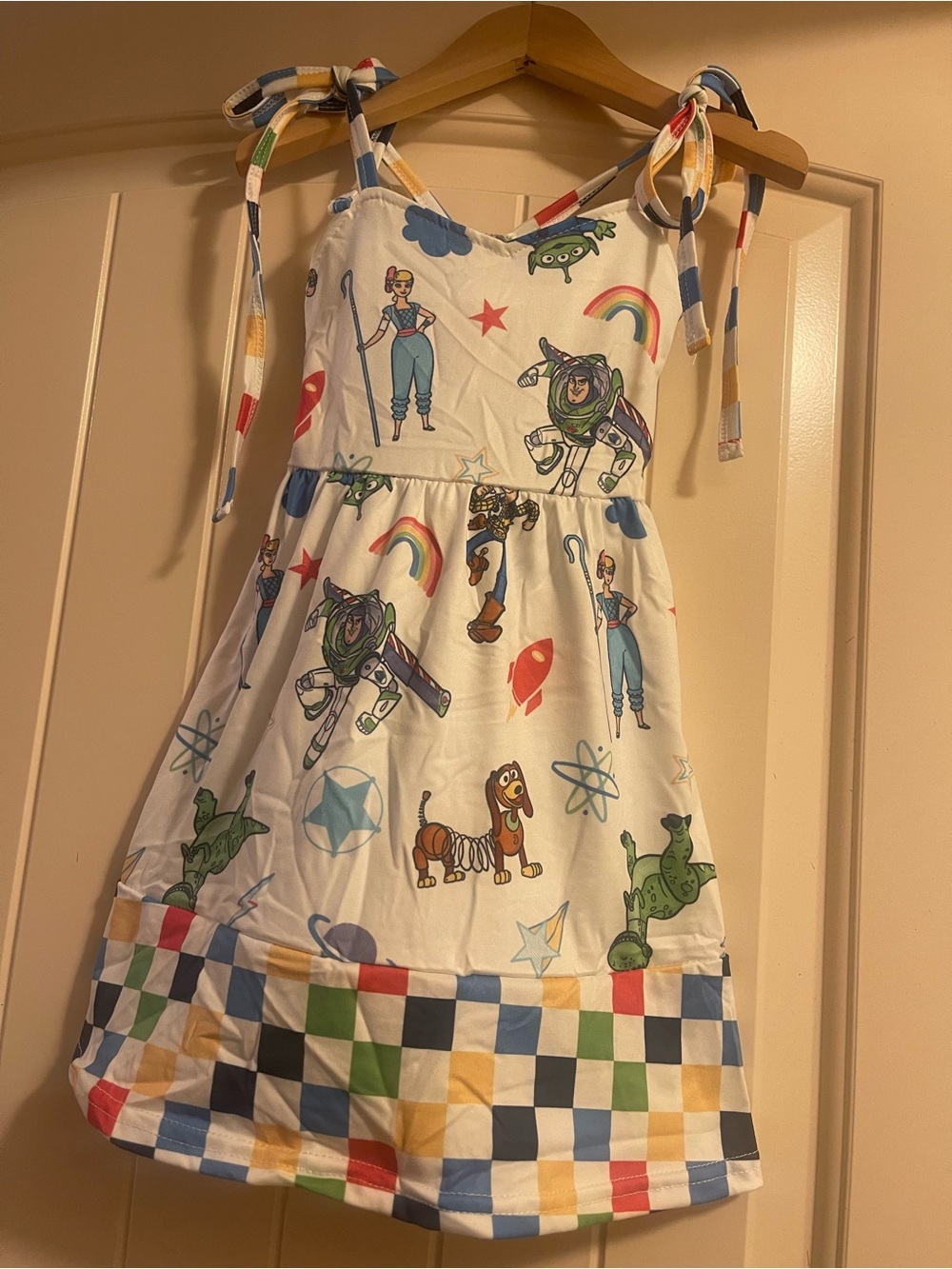 Disney Toy Story Character Tie-Shoulder Dress with Multicolor Check Hem